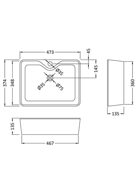 Nuie 1 Tap Hole Ceramic Rectangular Vessel Basin – 335mm, 460mm & 485mm, photo 4
