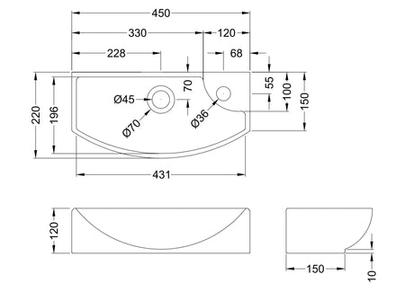 Nuie 450mm 1 Tap Hole Compact Ceramic Basin – White, photo 3