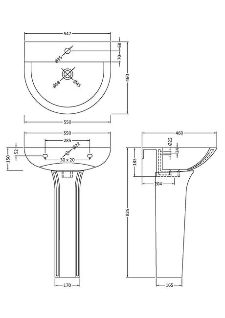 Nuie Freya 550mm 1 Tap Hole Basin & Pedestal – White, photo 2