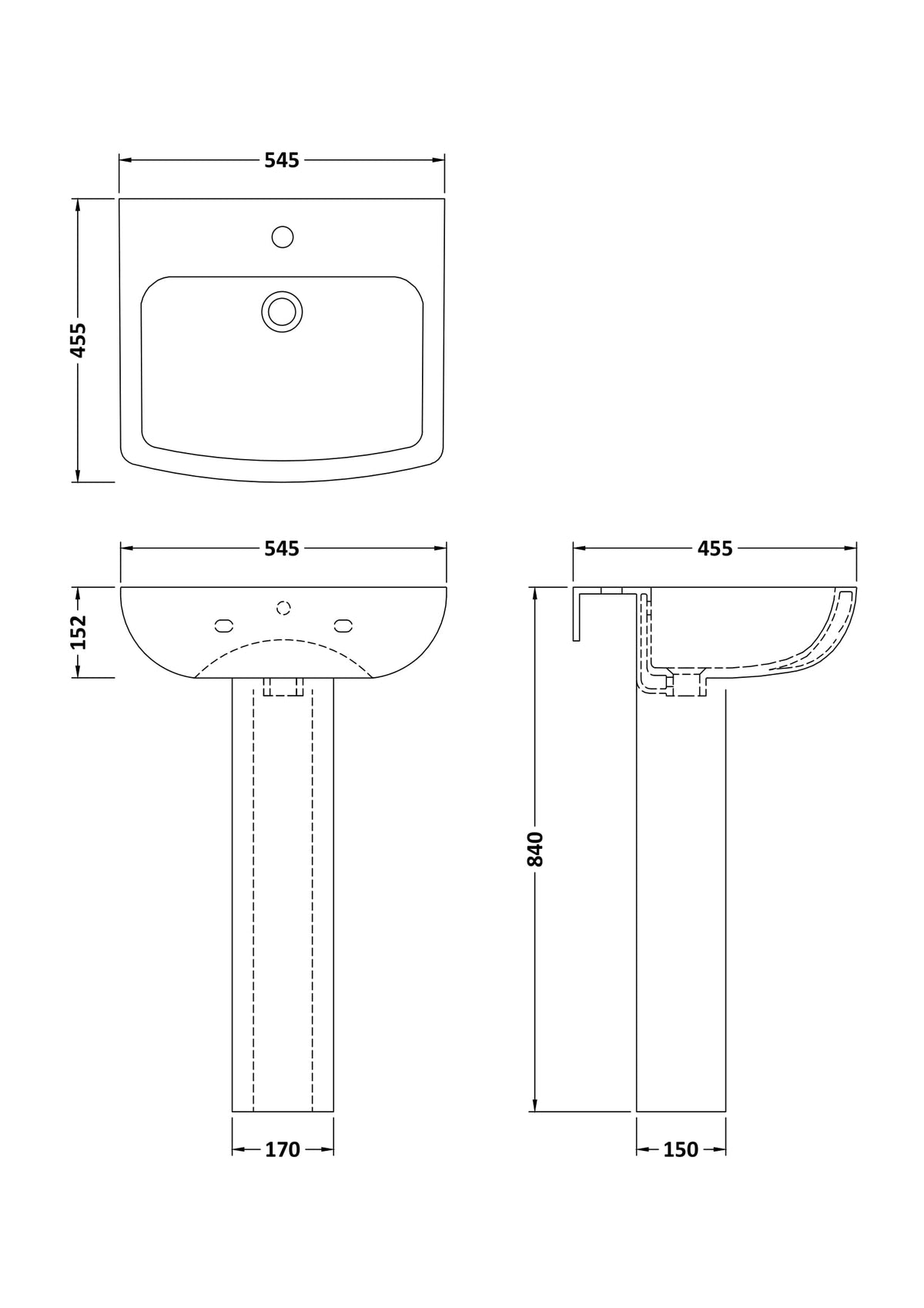 Nuie Ava 545mm 1 Tap Hole Basin & Pedestal – White, photo 3