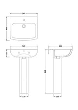 Nuie Ava 545mm 1 Tap Hole Basin & Pedestal – White, photo 3