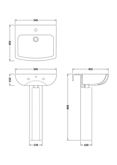 Nuie Ava 545mm 1 Tap Hole Basin & Pedestal – White, photo 3