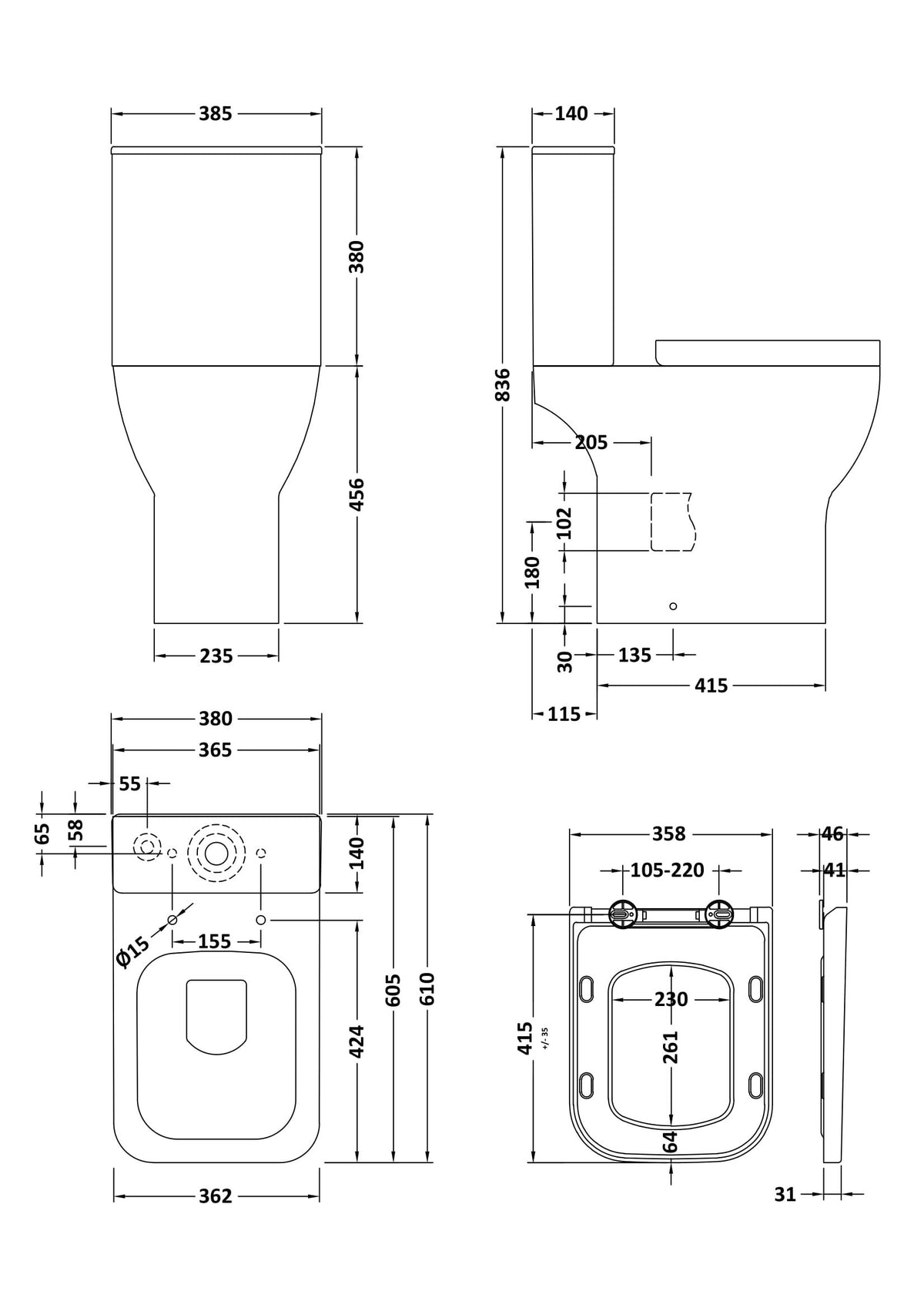 Nuie Ava Rimless Comfort Height Close Coupled Toilet – White, photo 3
