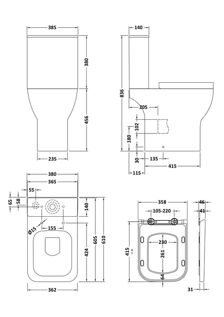Nuie Ava Rimless Comfort Height Close Coupled Toilet – White, photo 3