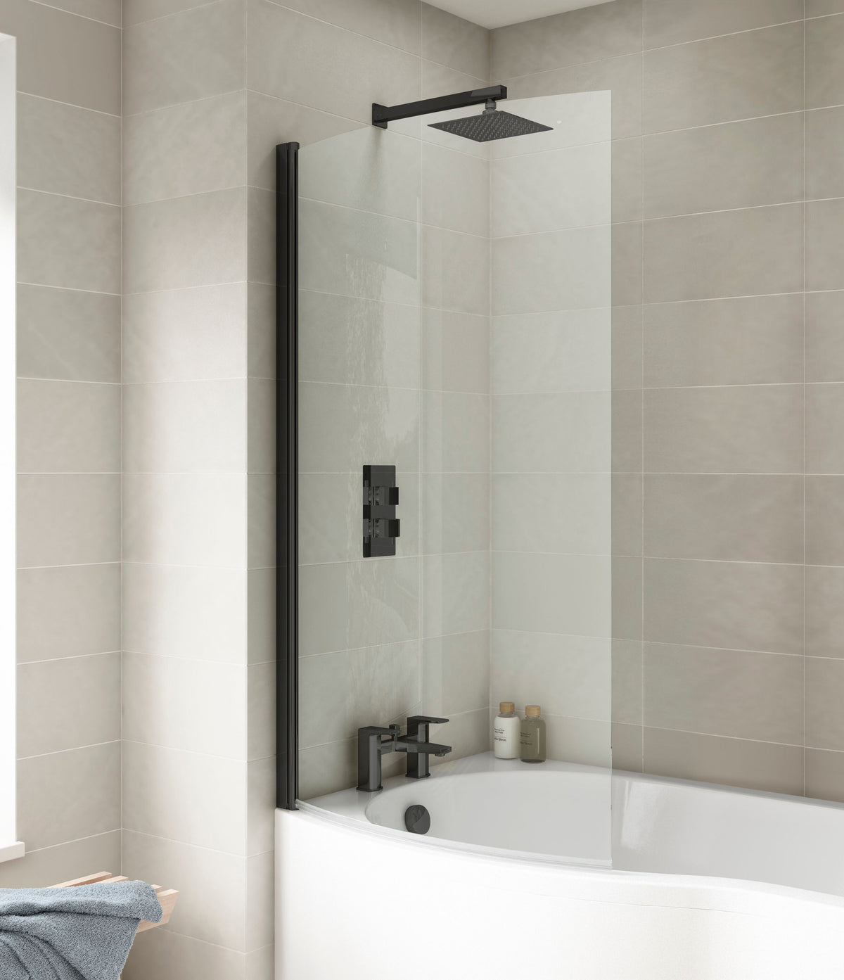 Nuie P Shape Hinged Bath Screen – Matt Black, photo 4