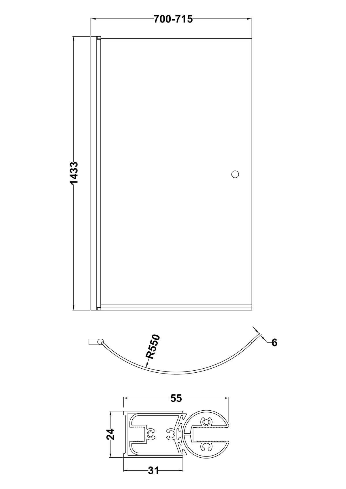 Nuie 700mm Curved Bath Screen With Knob – Chrome, photo 3