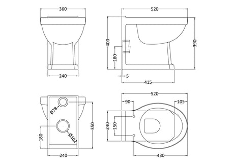 Nuie Richmond Traditional Back to Wall Toilet Pan – White, photo 3