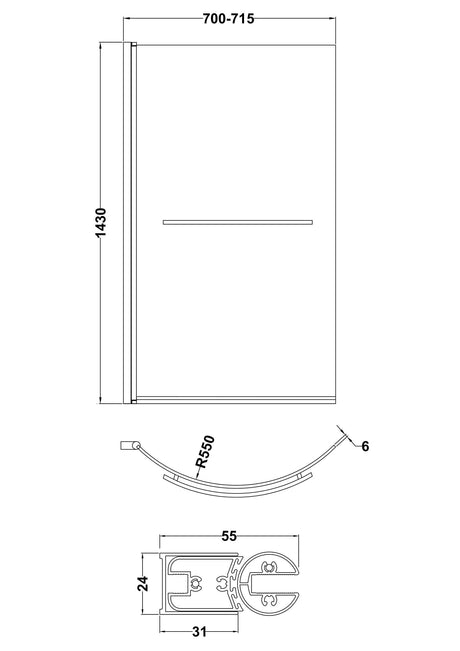 Nuie Curved Bath Screen With Rail – 700mm & 860mm, photo 3