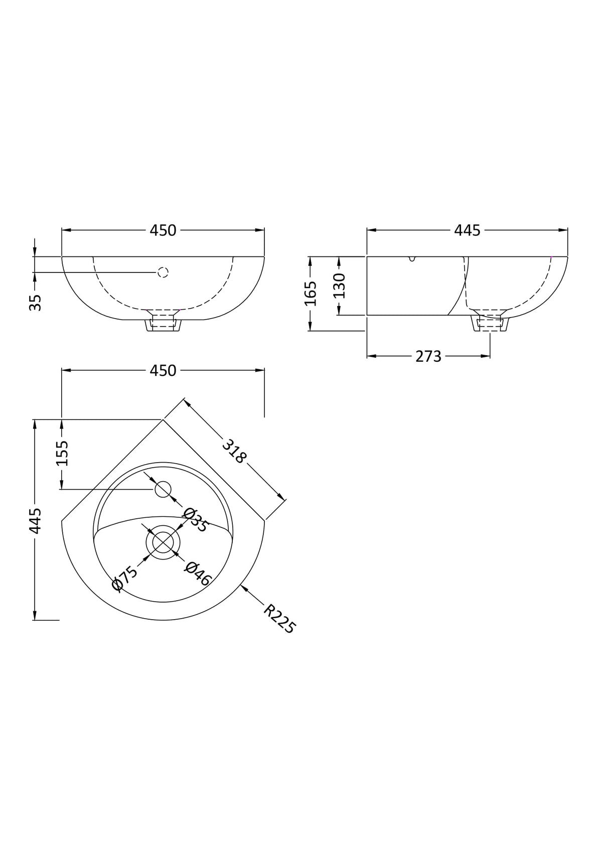 Nuie Melbourne 450mm 1 Tap Hole Wall Hung Ceramic Corner Basin – White, photo 2