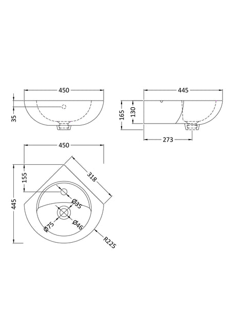 Nuie Melbourne 450mm 1 Tap Hole Wall Hung Ceramic Corner Basin – White, photo 2