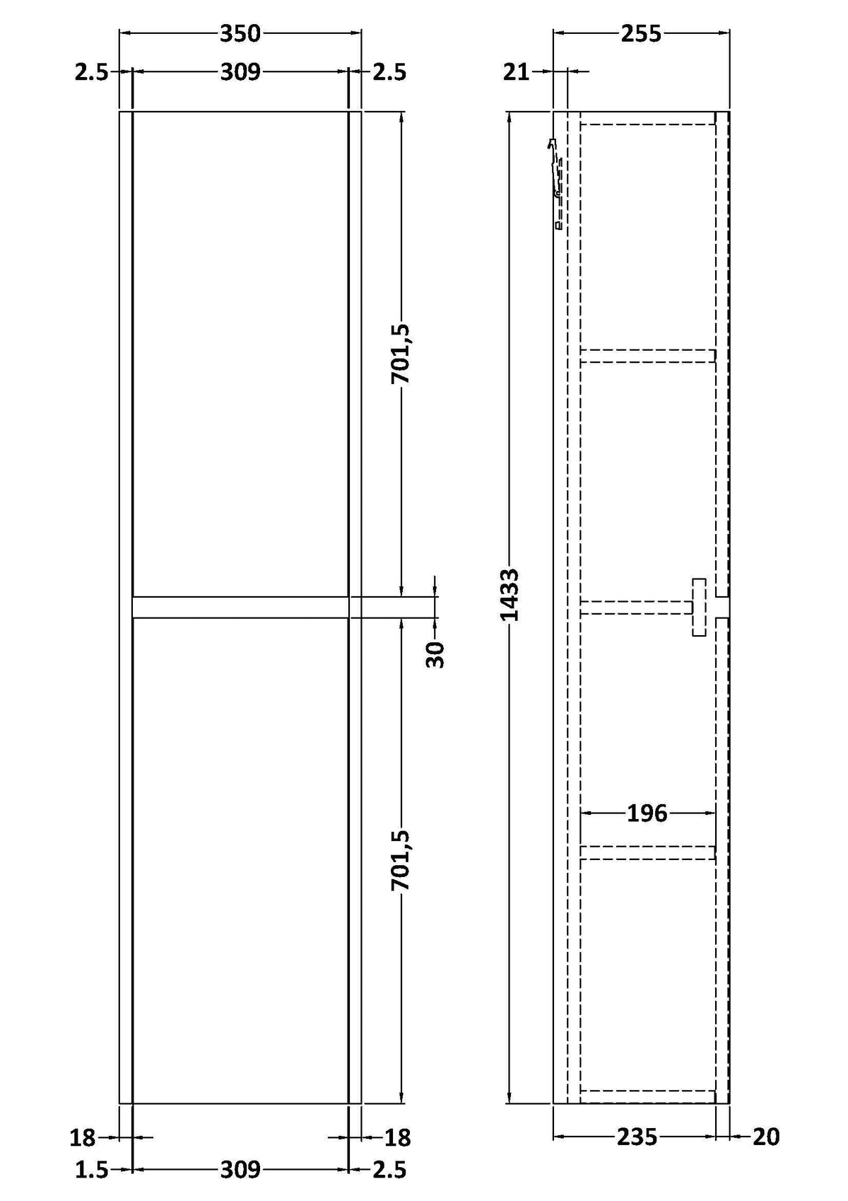 Nuie Havana 350mm 2 Door Wall Hung Tall Cabinet, photo 8