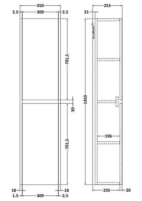 Nuie Havana 350mm 2 Door Wall Hung Tall Cabinet, photo 8