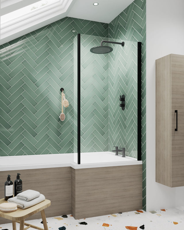 Nuie L Shape Bath Screen With Fixed Return – Matt Black