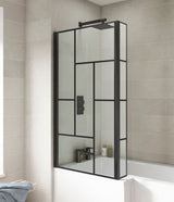 Nuie 800mm L Shape Abstract Matrix Hinged Bath Screen With Fixed Return – Matt Black