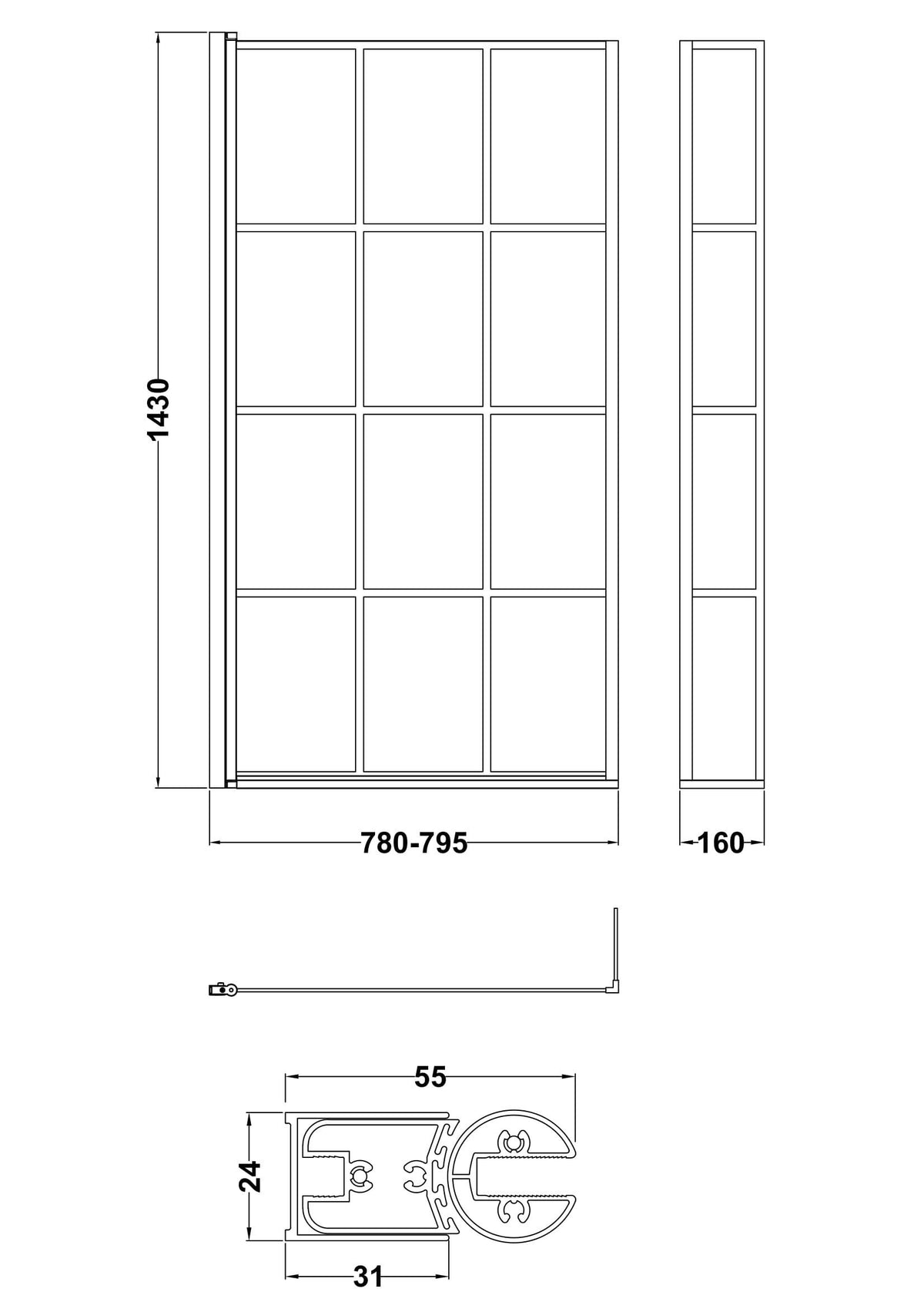 Nuie 800mm L Shape Matrix Hinged Bath Screen With Fixed Return – Matt Black, photo 3