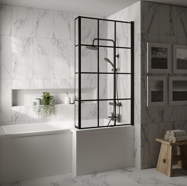 Nuie 800mm L Shape Matrix Hinged Bath Screen With Fixed Return – Matt Black