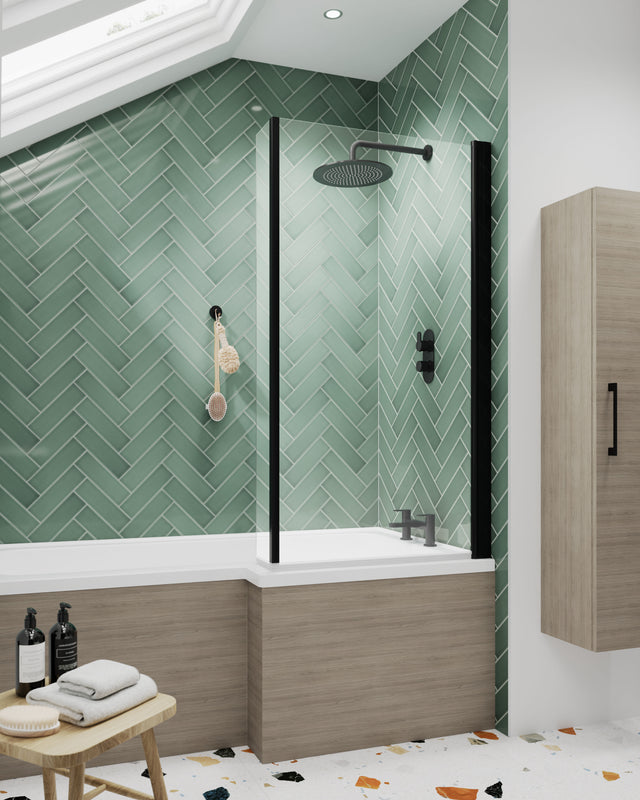 Nuie 800mm L Shape Hinged Bath Screen – Matt Black