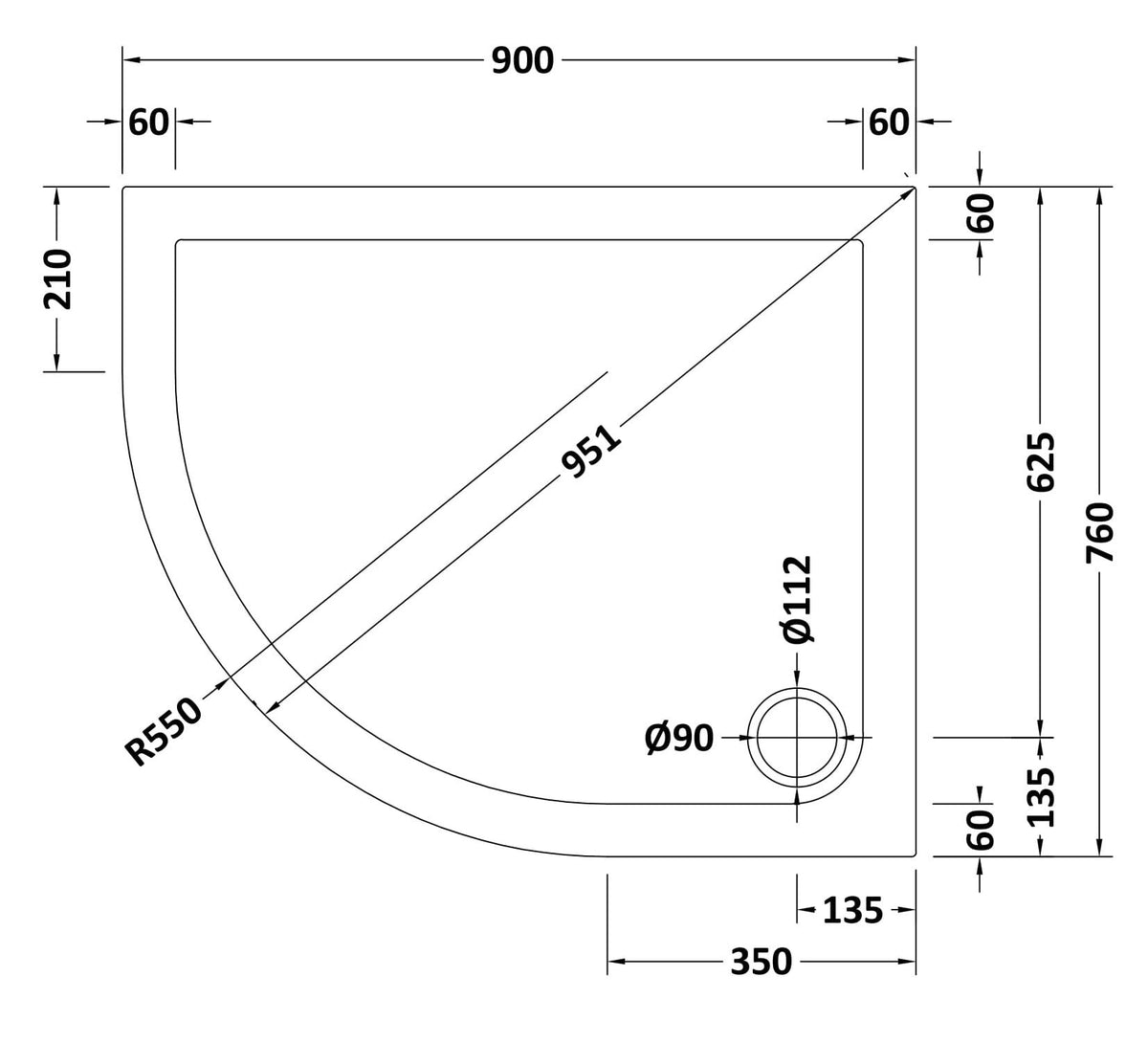 Nuie Slip Resistant Slimline Offset Quadrant Shower Tray – 900 x 760mm, 1000 x 800mm, 1200 x 800mm & 1200 x 900mm, photo 3