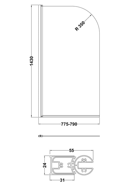 Nuie 800mm Bath Screen – 1430mm High – Chrome or Brushed Pewter, photo 4