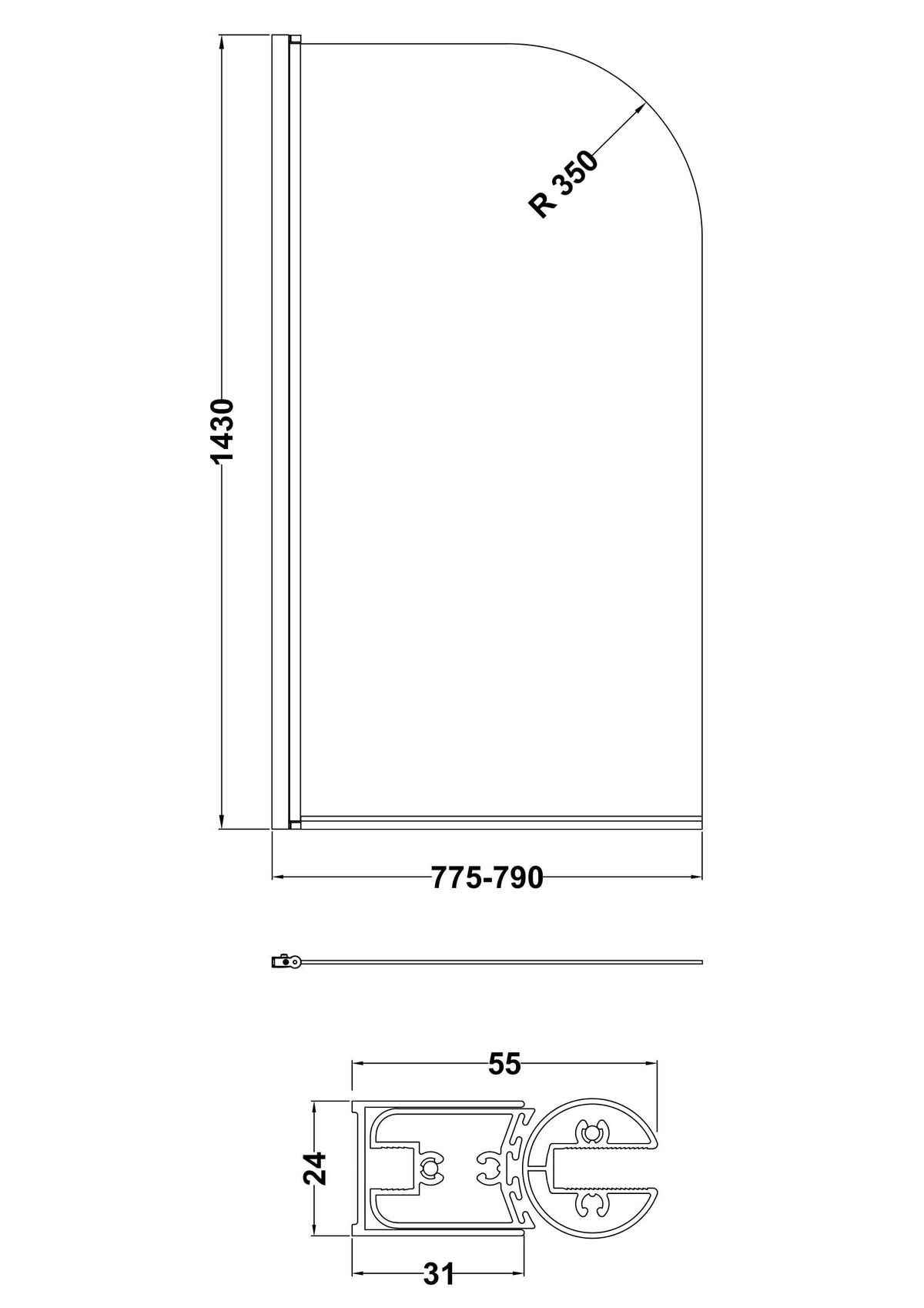 Nuie 800mm Round Bath Screen – Matt Black, photo 3