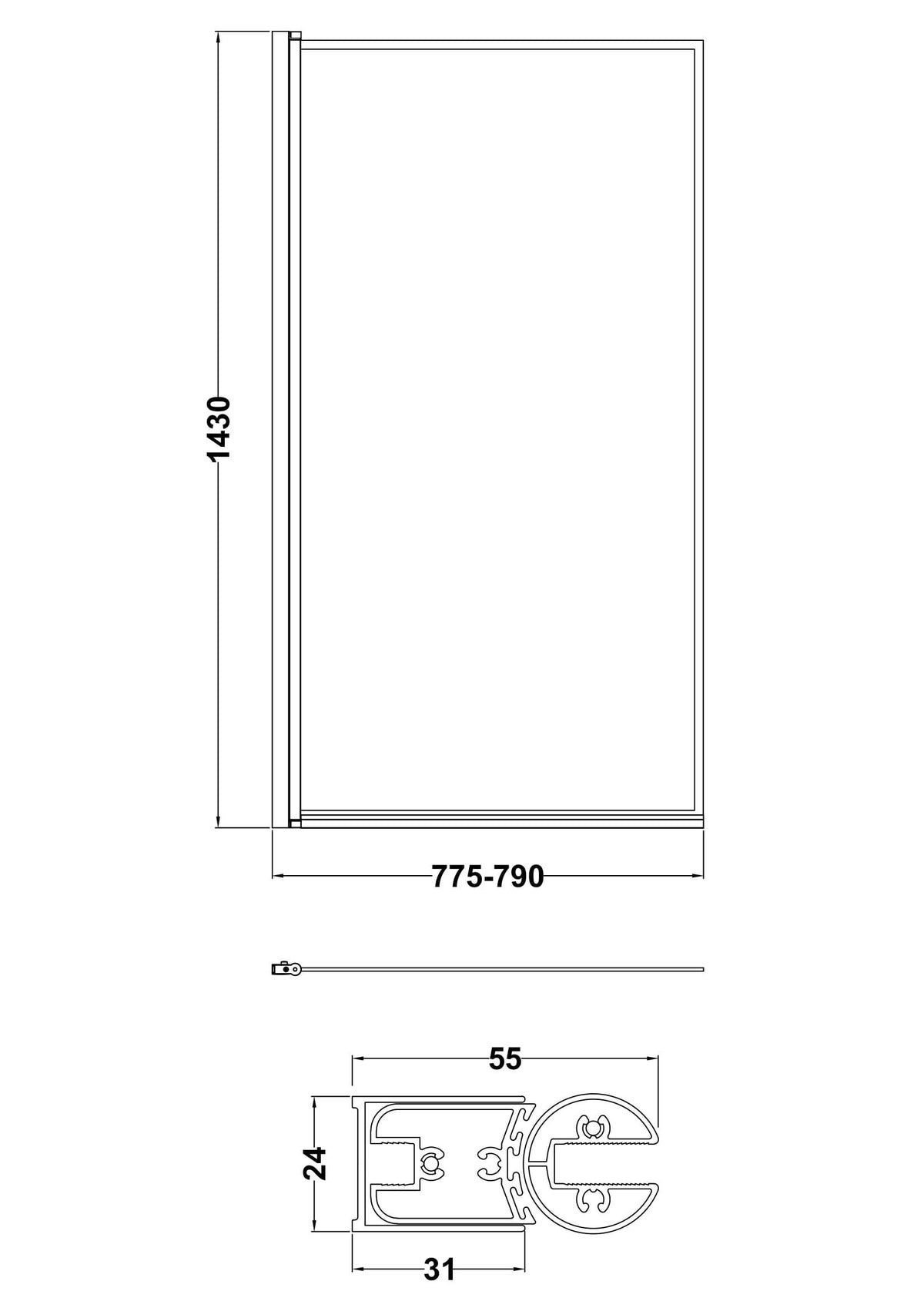 Nuie 800mm Bath Screen – 1430mm High – Matt Black, photo 3