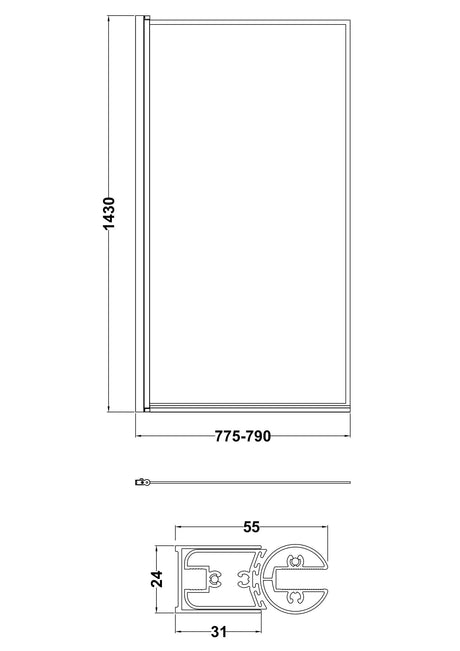 Nuie 800mm Bath Screen – 1430mm High – Matt Black, photo 3