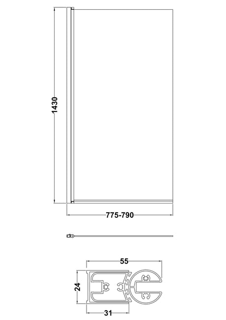 Nuie 800mm Bath Screen – 1430mm High – Chrome or Brushed Brass, photo 4