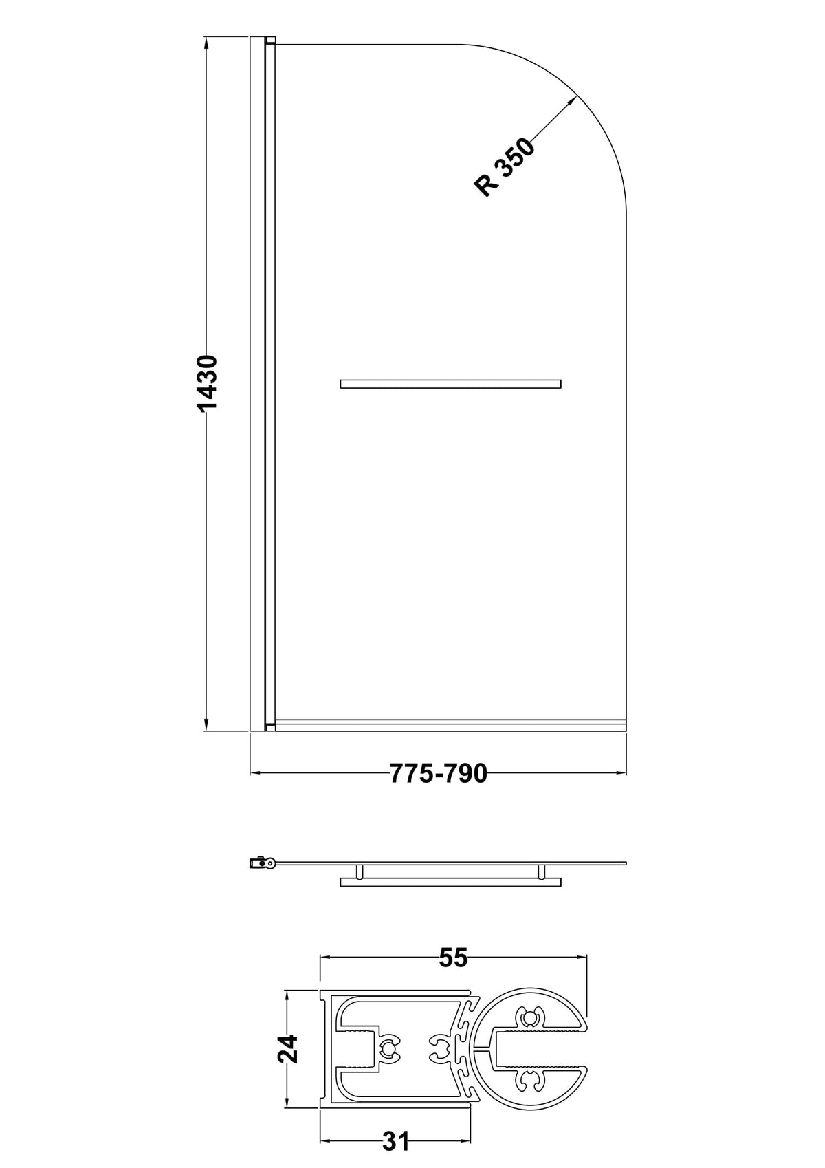 Nuie 800mm Bath Screen With Rail – Chrome, photo 3
