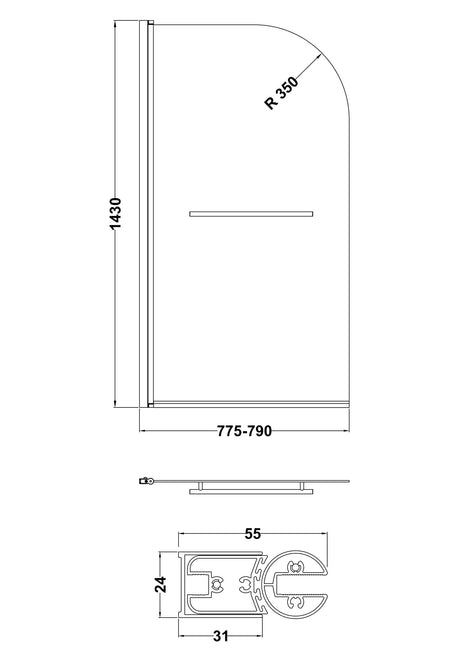 Nuie 800mm Bath Screen With Rail – Chrome, photo 3