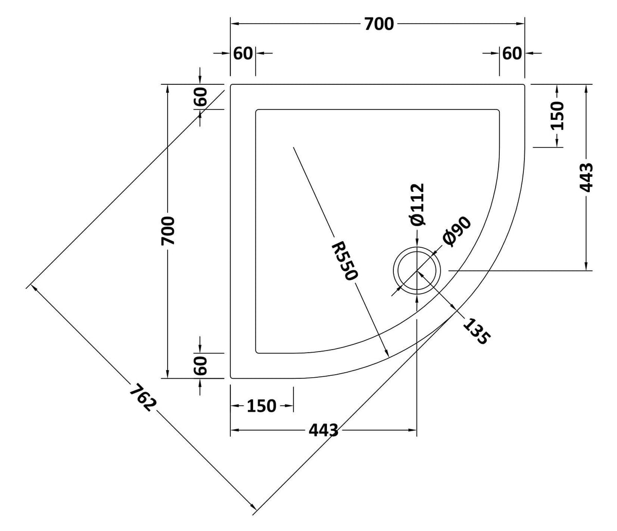 Nuie Slimline Quadrant Shower Tray – 700mm, 760mm, 800mm, 900mm & 1000mm, photo 3