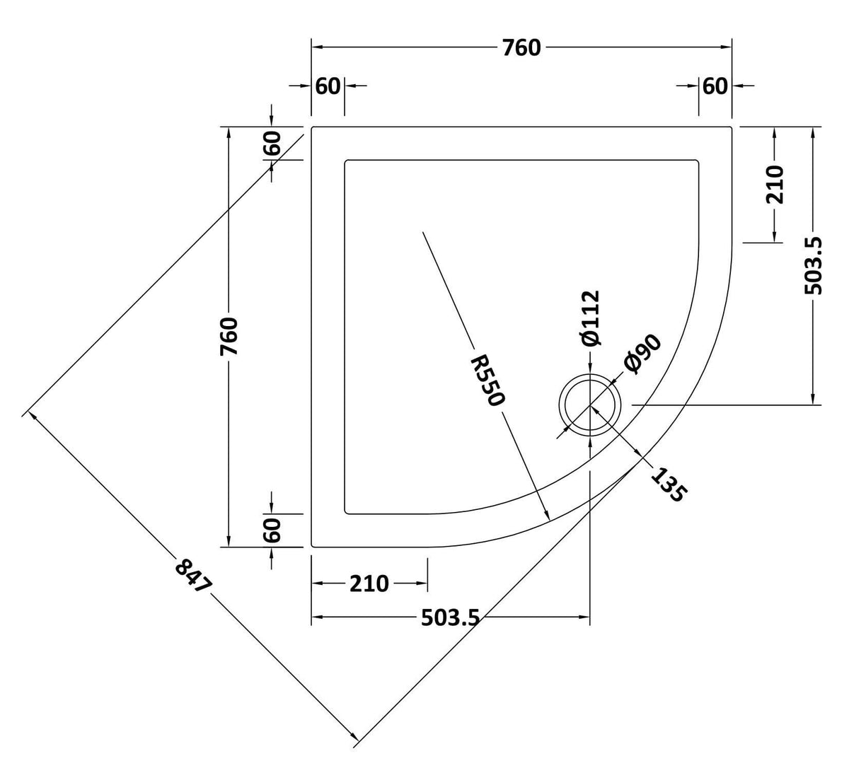 Nuie Slimline Quadrant Shower Tray – 700mm, 760mm, 800mm, 900mm & 1000mm, photo 4