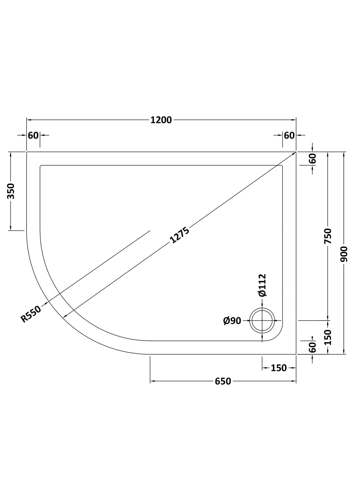 Nuie Slimline Offset Quadrant Shower Tray – 900 x 760mm, 900 x 800mm, 1000 x 800mm, 1000 x 900mm, 1200 x 800mm & 1200 x 900mm, photo 9
