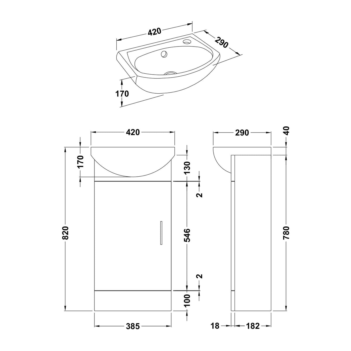 Nuie Mayford 1 Door Floor Standing Compact Vanity Unit With Basin – 400mm, 450mm & 500mm, photo 6