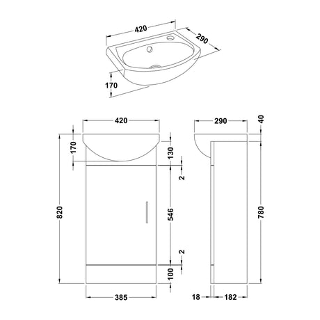 Nuie Mayford 1 Door Floor Standing Compact Vanity Unit With Basin – 400mm, 450mm & 500mm, photo 6