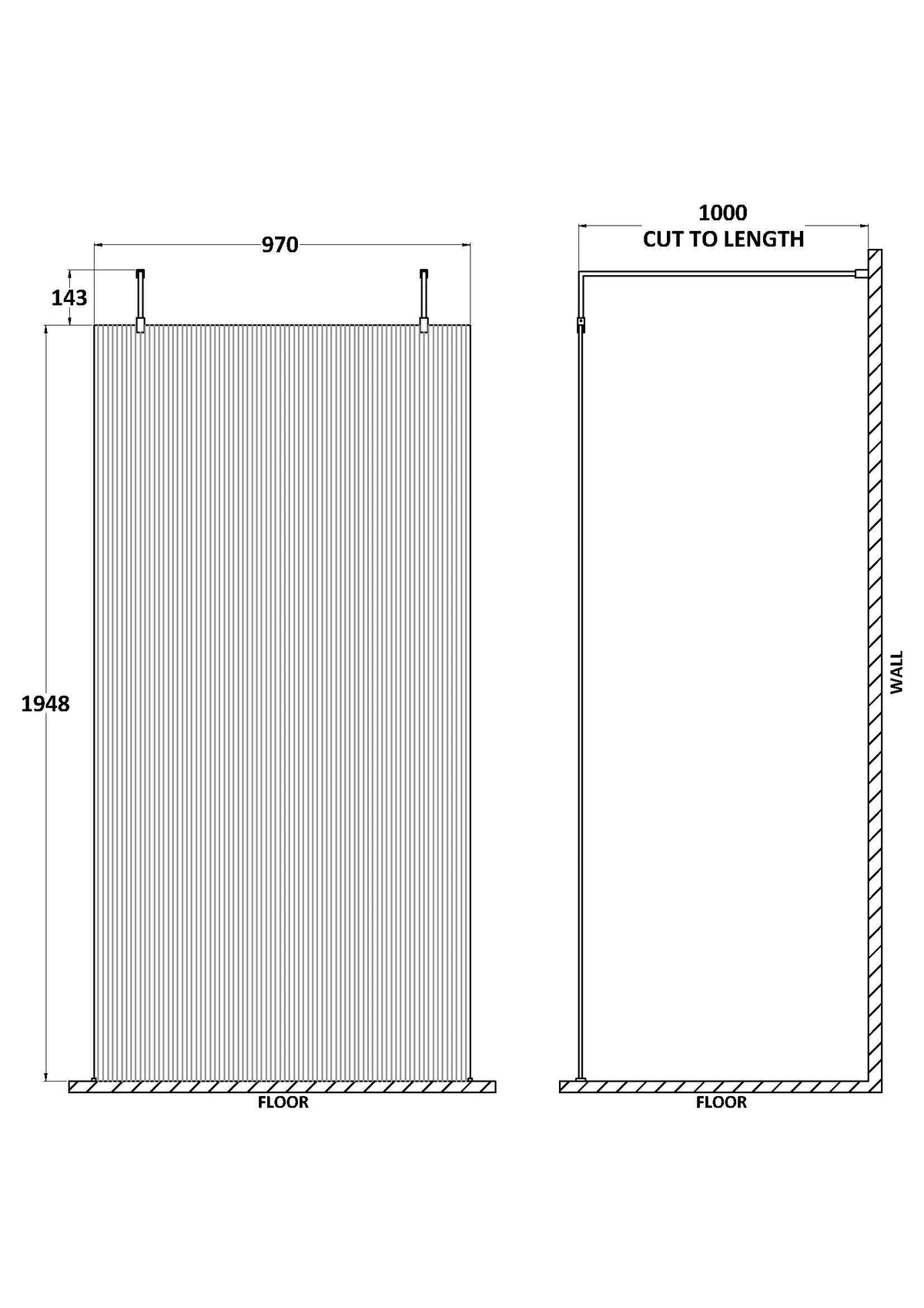 Nuie Frameless Fluted Wetroom Screen With Arms And Feet – 770mm, 870mm & 970mm, photo 4