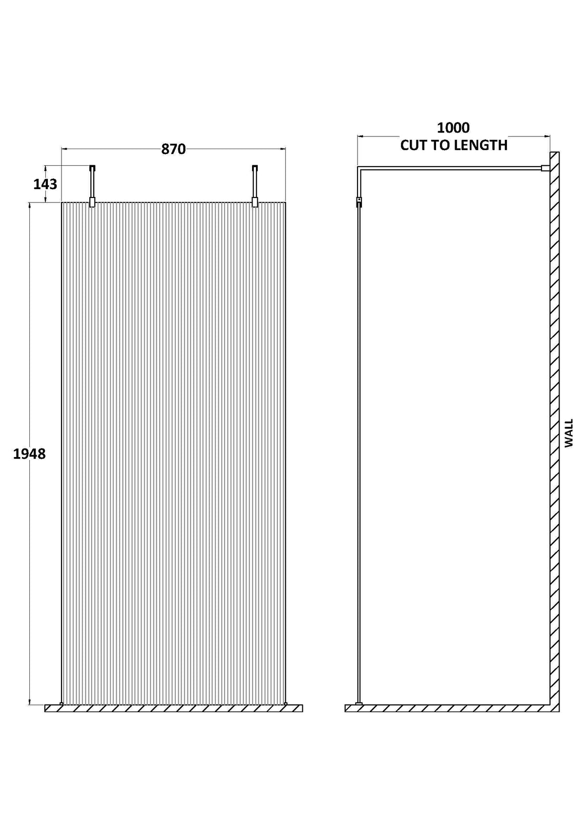 Nuie Frameless Fluted Wetroom Screen With Arms And Feet – 770mm, 870mm & 970mm, photo 3