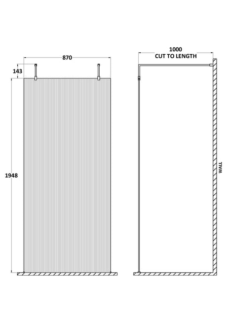 Nuie Frameless Fluted Wetroom Screen With Arms And Feet – 770mm, 870mm & 970mm, photo 3