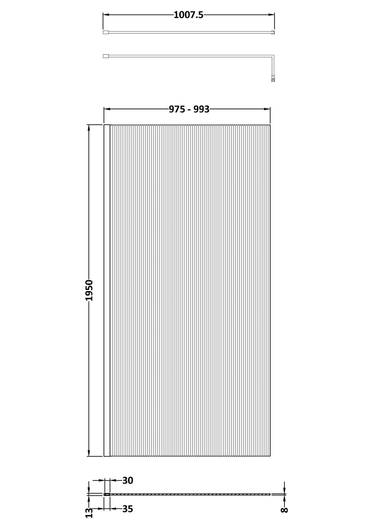 Nuie Semi-Frameless Fluted Wetroom Screen – 850mm, 900mm, 950mm, 1000mm & 1050mm, photo 8