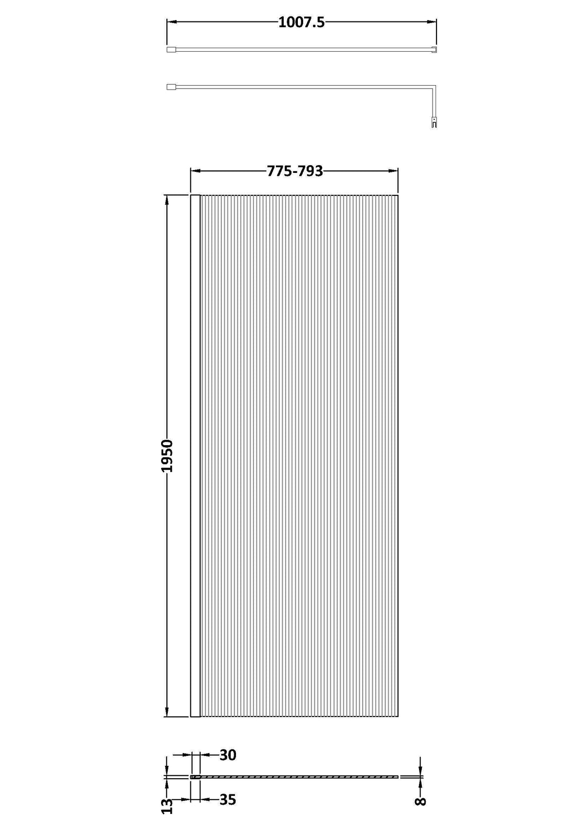 Nuie Semi-Frameless Fluted Wetroom Screen – 850mm, 900mm, 950mm, 1000mm & 1050mm, photo 4