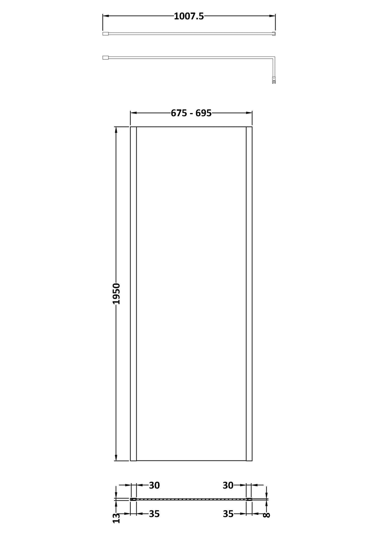 Nuie Semi-Frameless Wetroom Screen – 1950mm High – 700mm, 760mm, 800mm, 900mm, 1000mm, 1100mm & 1200mm, photo 3