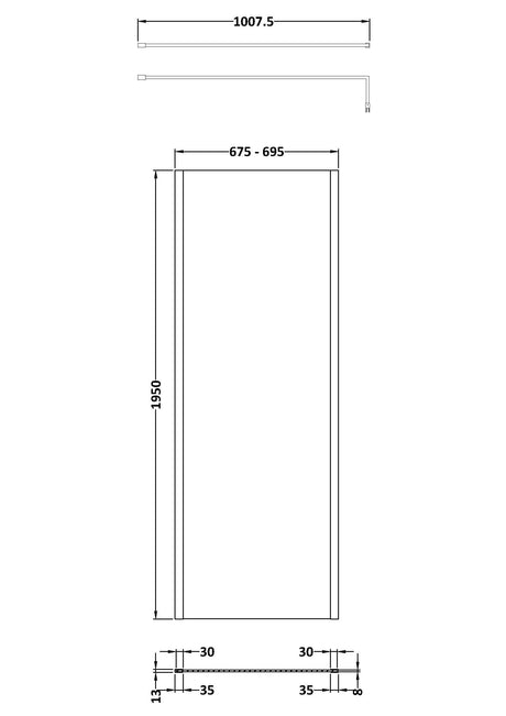 Nuie Semi-Frameless Wetroom Screen – 1950mm High – 700mm, 760mm, 800mm, 900mm, 1000mm, 1100mm & 1200mm, photo 3