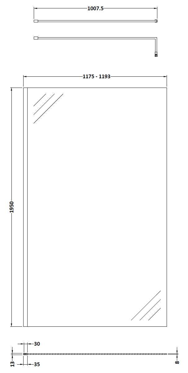 Nuie Semi-Frameless Wetroom Screen With Support Bar – 1950mm High – 700mm, 800mm, 900mm, 1200mm & 1400mm, photo 5