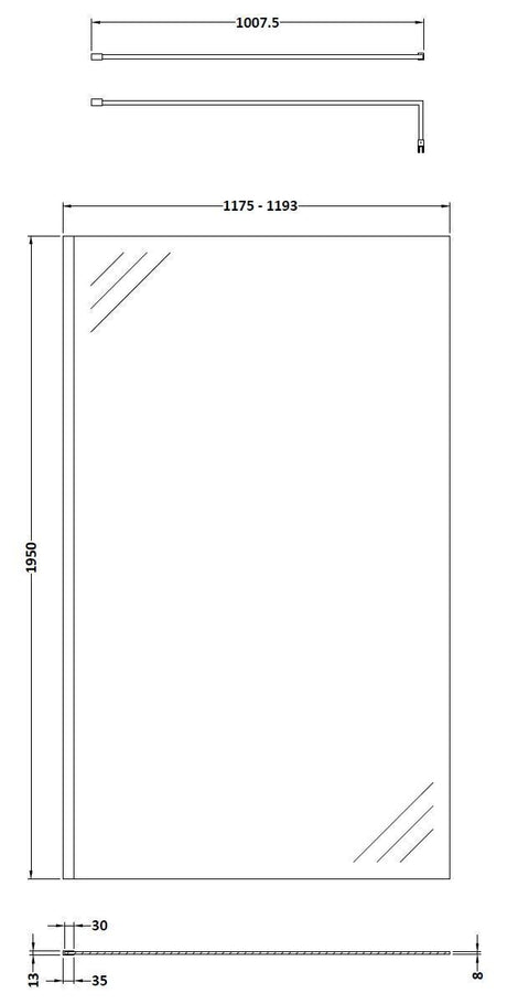 Nuie Semi-Frameless Wetroom Screen With Support Bar – 1950mm High – 700mm, 800mm, 900mm, 1200mm & 1400mm, photo 5