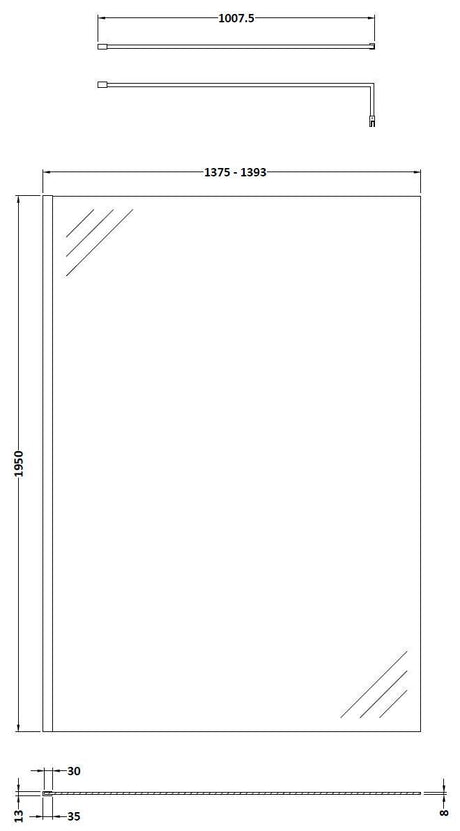 Nuie Semi-Frameless Wetroom Screen With Support Bar – 1950mm High – 700mm, 800mm, 900mm, 1200mm & 1400mm, photo 6