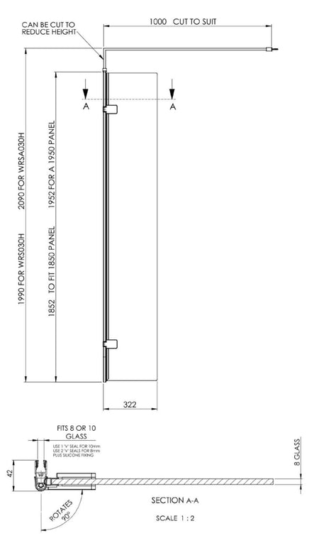 Nuie 320mm Semi-Frameless Wetroom Screen – 1950mm High – Brushed Brass, photo 2