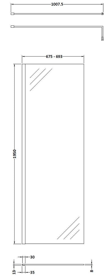 Nuie Semi-Frameless Wetroom Screen With Support Bar – 1950mm High – 700mm, 800mm, 900mm, 1200mm & 1400mm, photo 2