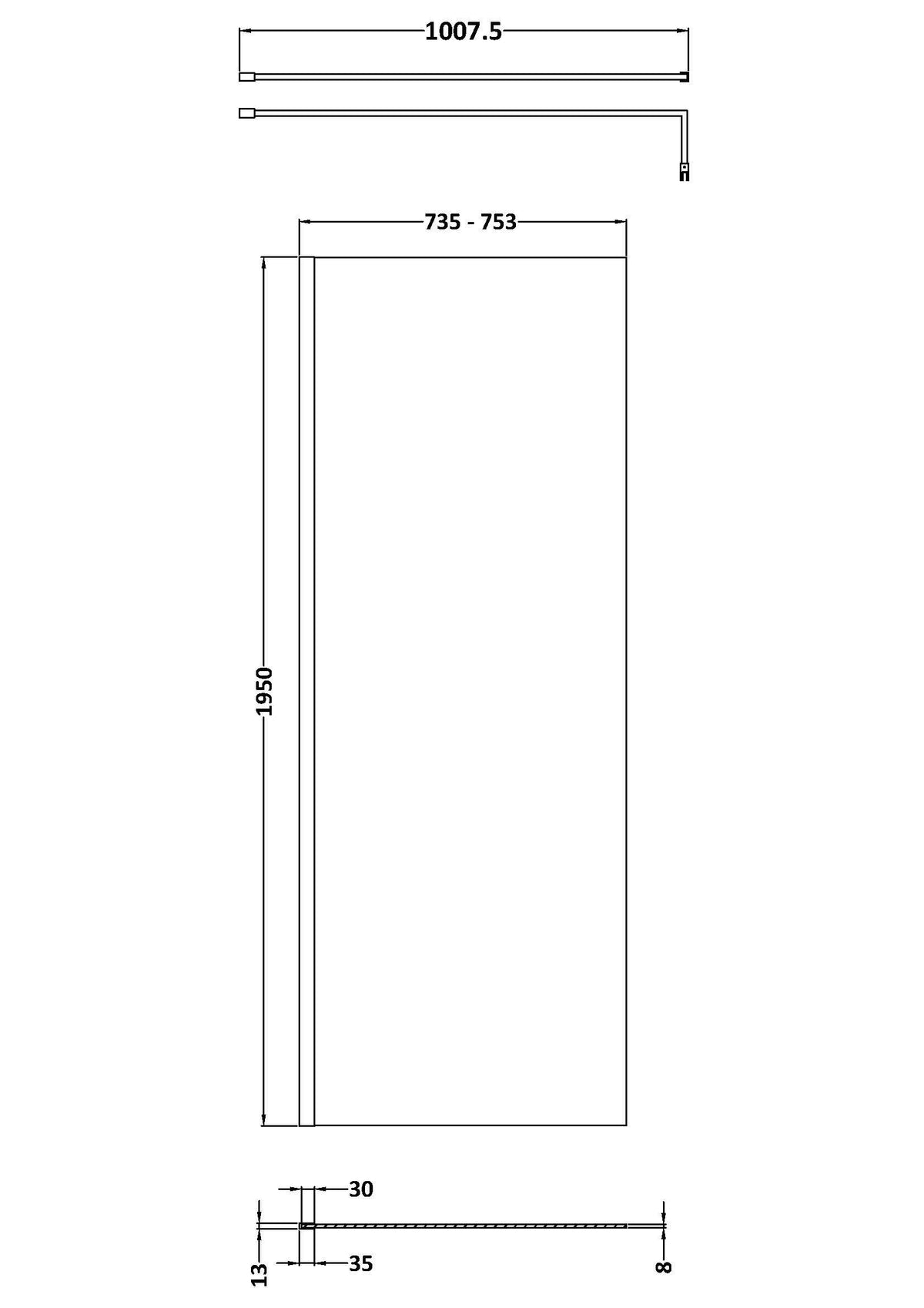Nuie Semi-Frameless Wetroom Screen – 1950mm High – 30mm, 700mm, 760mm, 800mm, 900mm, 1000mm, 1100mm, 1200mm & 1400mm, photo 6