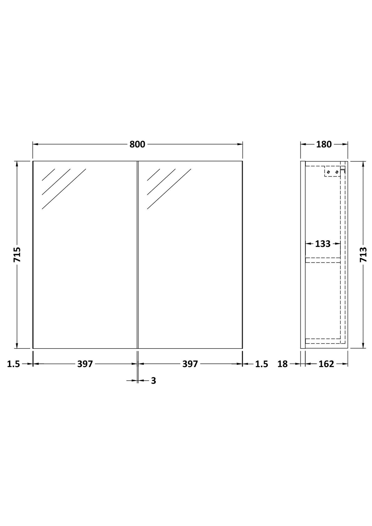 Nuie Fusion 2 Door Wall Hung Mirror Cabinet – 600mm & 800mm, photo 7