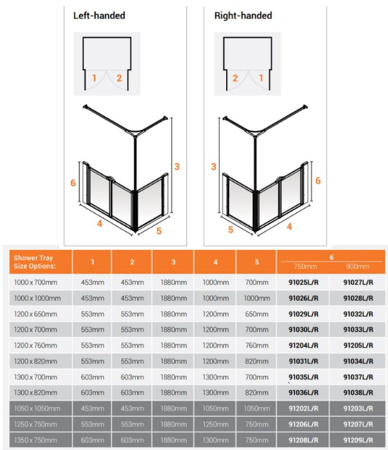 AKW Option C Shower Screens 1200x650mm Left Hand - 750mm High (91029L)