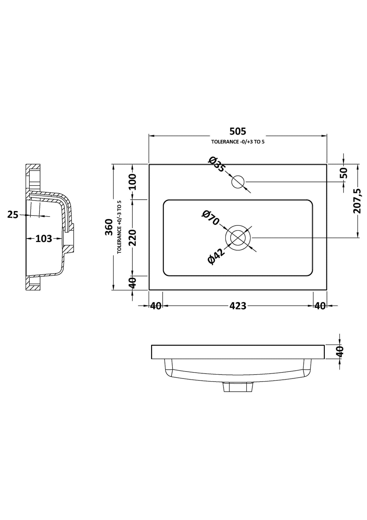 Nuie 1 Tap Hole Polymarble Rectangular Basin – 500mm & 600mm, photo 2